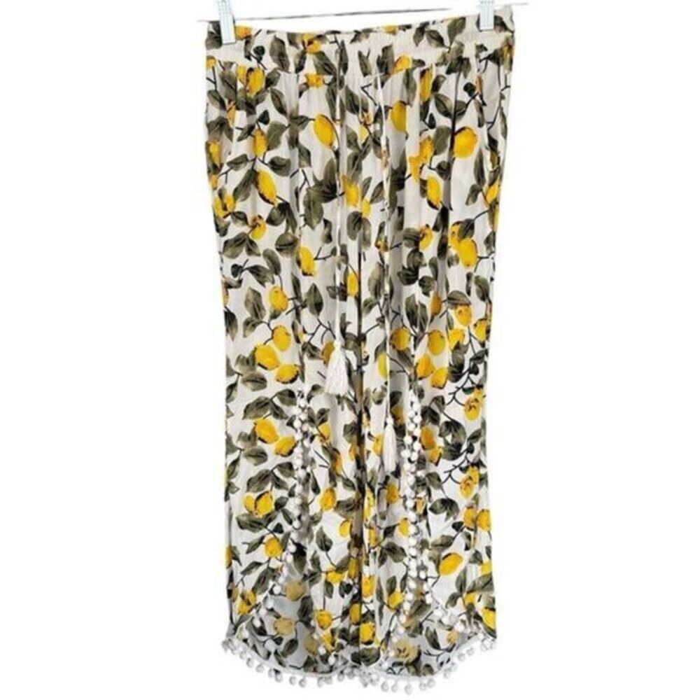 B7 SOLITAIRE SWIM Women's Lemon Print Wide Leg Pants Pom Pom Trim‎ M